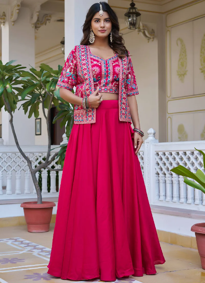 Embroidered Work Vichitra Silk Designer Pink Koti Style Lehenga Choli - Image 4