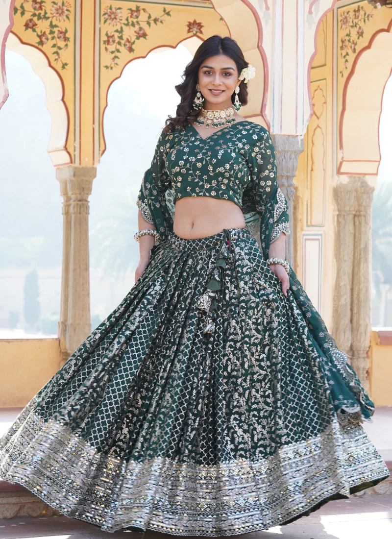 Embroidered Work Viscose Jacquard Designer Green Lehenga Choli - Image 4