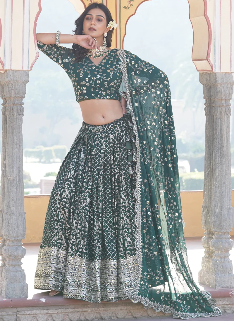 Embroidered Work Viscose Jacquard Designer Green Lehenga Choli - Image 5