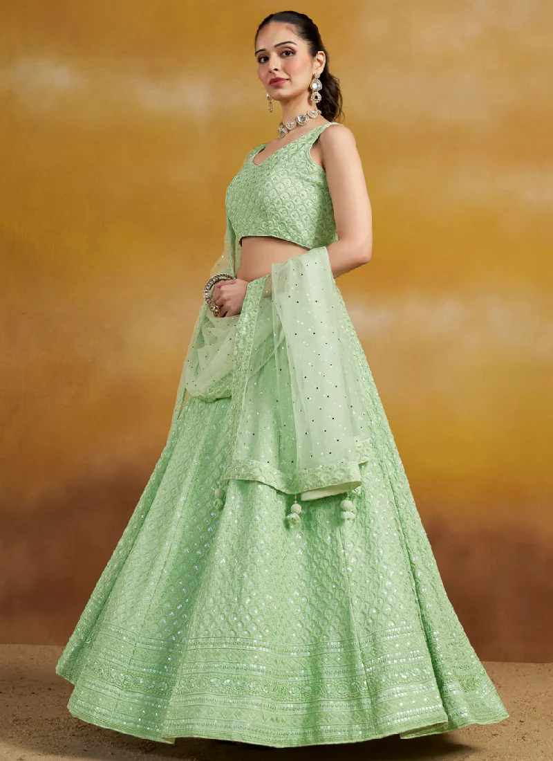 Embroidery Georgette Mint Green Wedding Wear Lehenga Choli For Women - Image 4