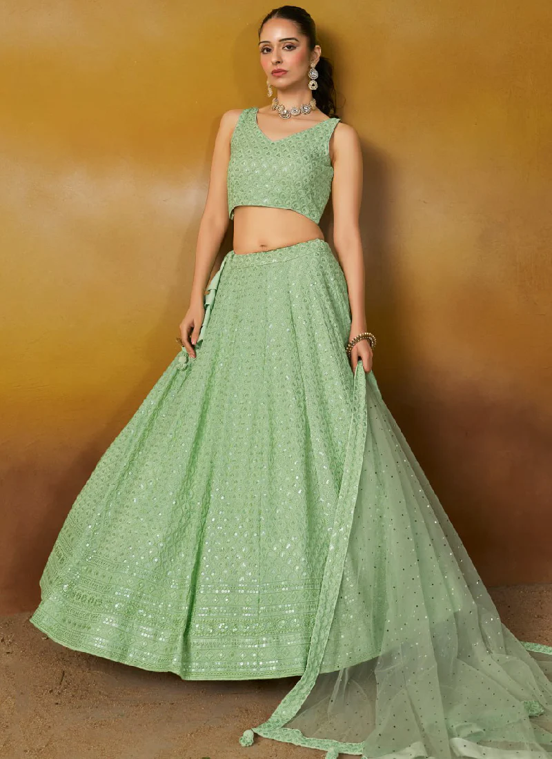 Embroidery Georgette Mint Green Wedding Wear Lehenga Choli For Women - Image 5