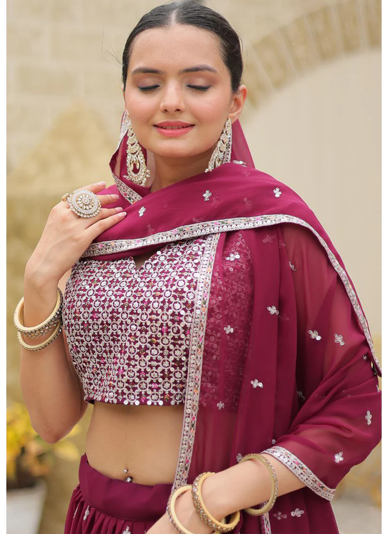 Exquisite Wine Sangeet Wear Embroidered Georgette Lehenga Choli - Image 3