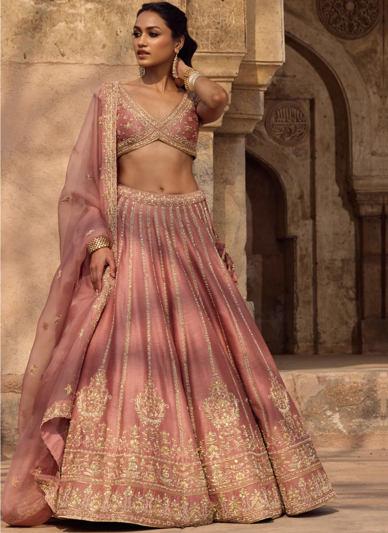 Fancy Silk Zari Embroidery Blush Pink Wedding Wear Heavy Lehenga Choli - Image 6