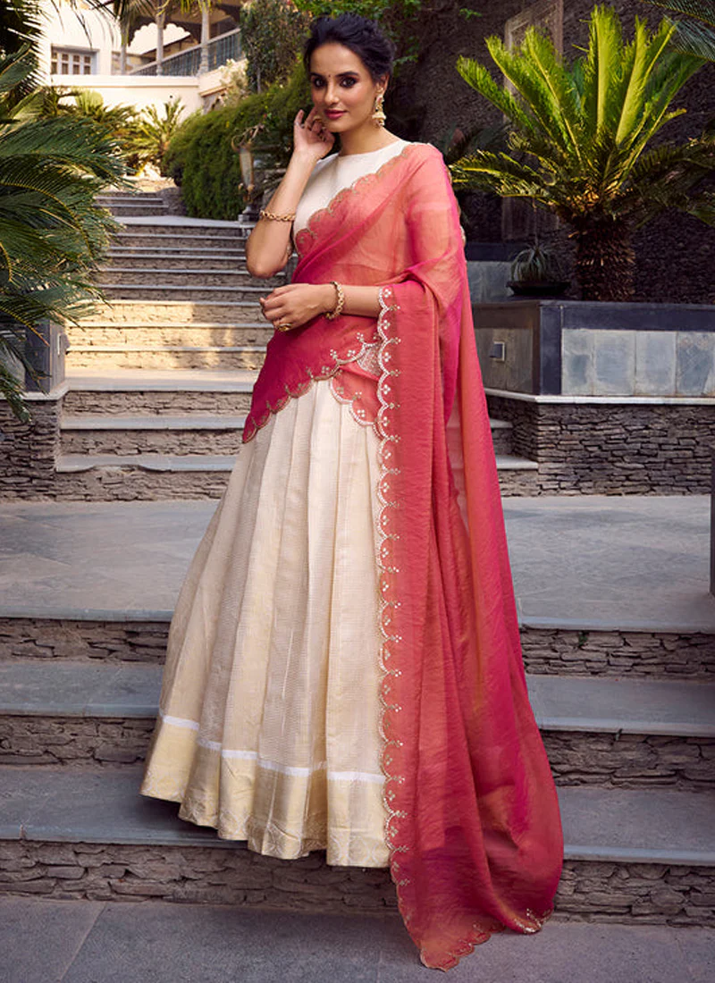 Fascinating Off White Jacquard Chex Zari Weaving Work Lehenga Choli - Image 3