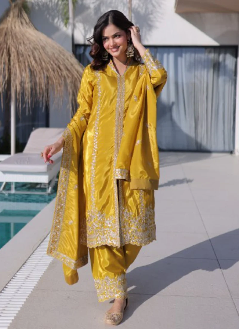 Fascinating Silk Zari Embroidered Haldi Ceremony Yellow Kurti Suit - Image 4