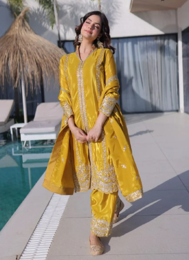 Fascinating Silk Zari Embroidered Haldi Ceremony Yellow Kurti Suit - Image 5