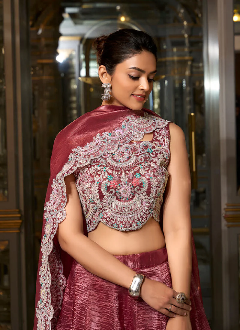 Fascinating Thread Embroidered Choli With Silk Maroon Plain Lehenga - Image 2