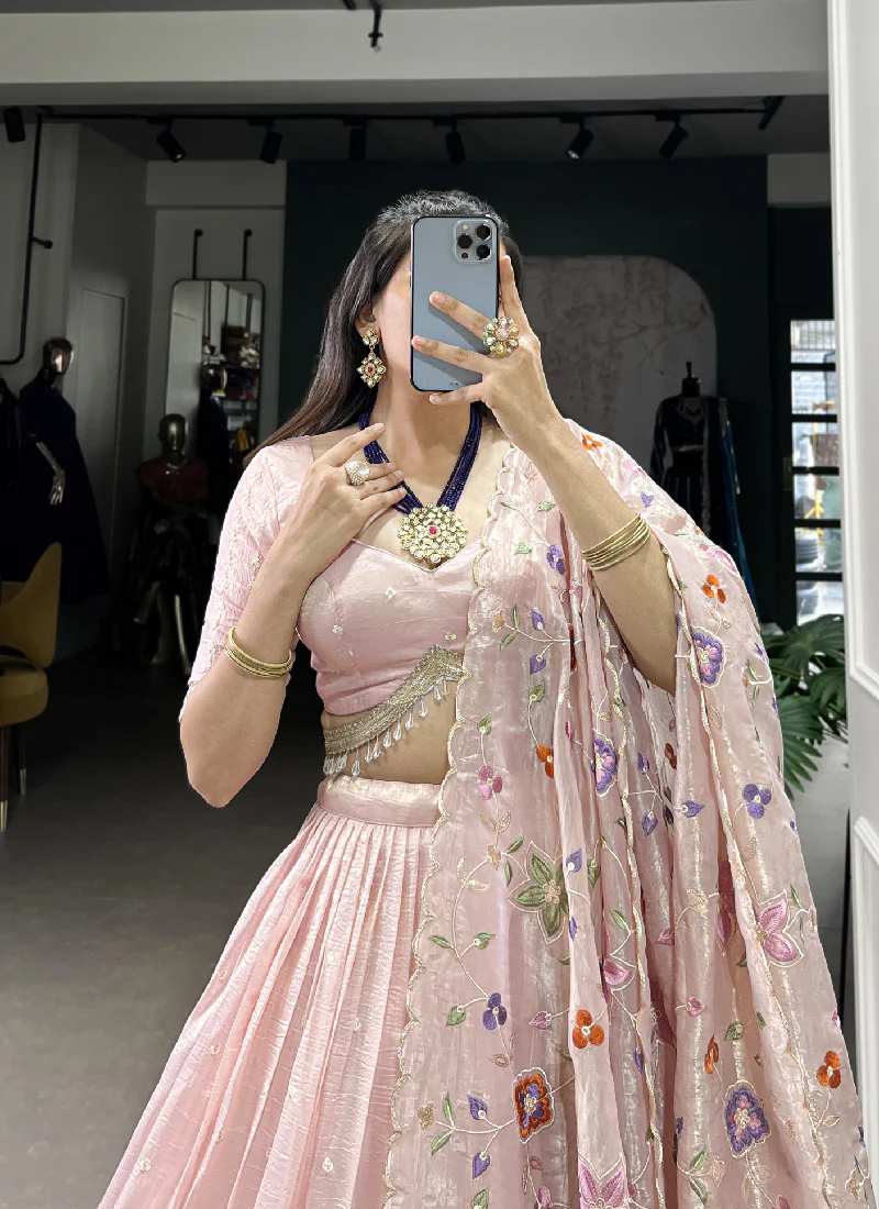 Fascinating Thread Embroidered Silk Light Pink Lehenga Choli - Image 2