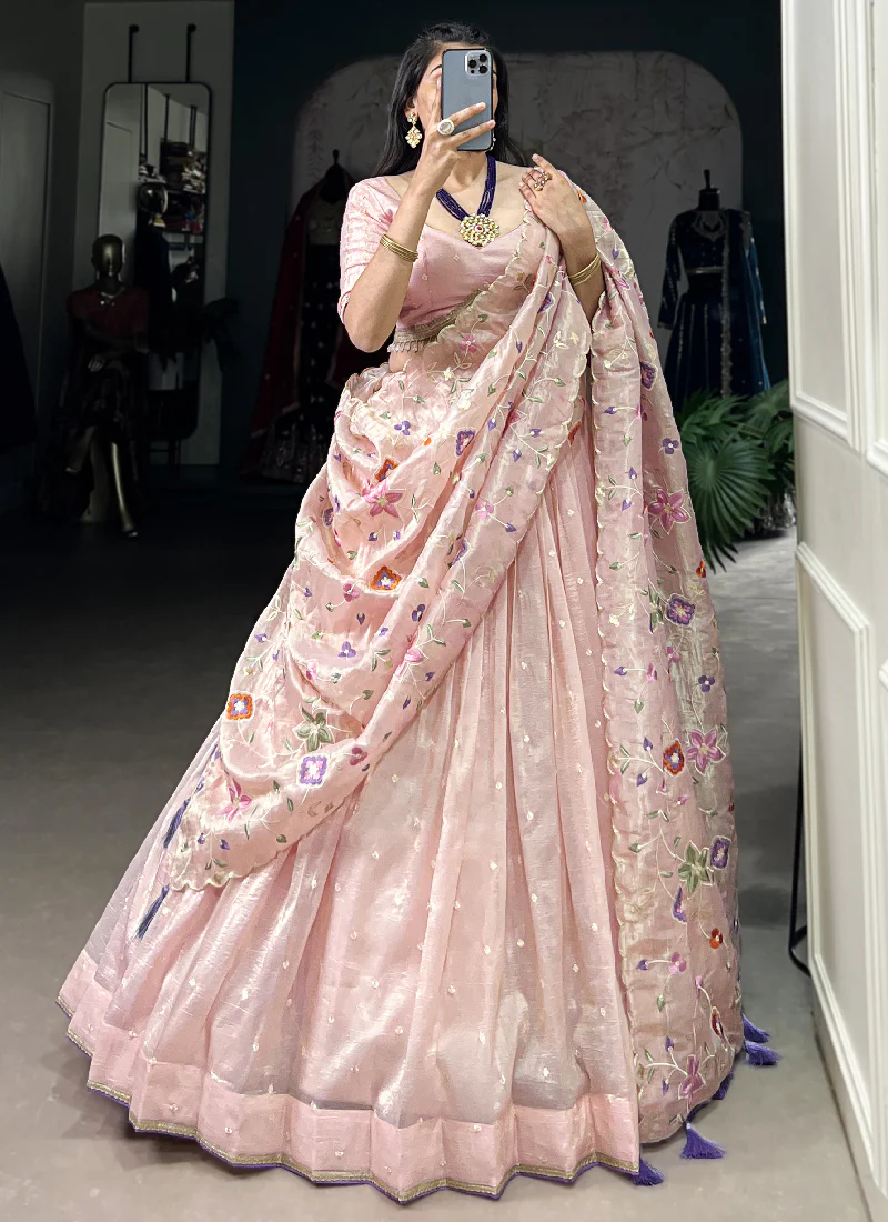 Fascinating Thread Embroidered Silk Light Pink Lehenga Choli - Image 3