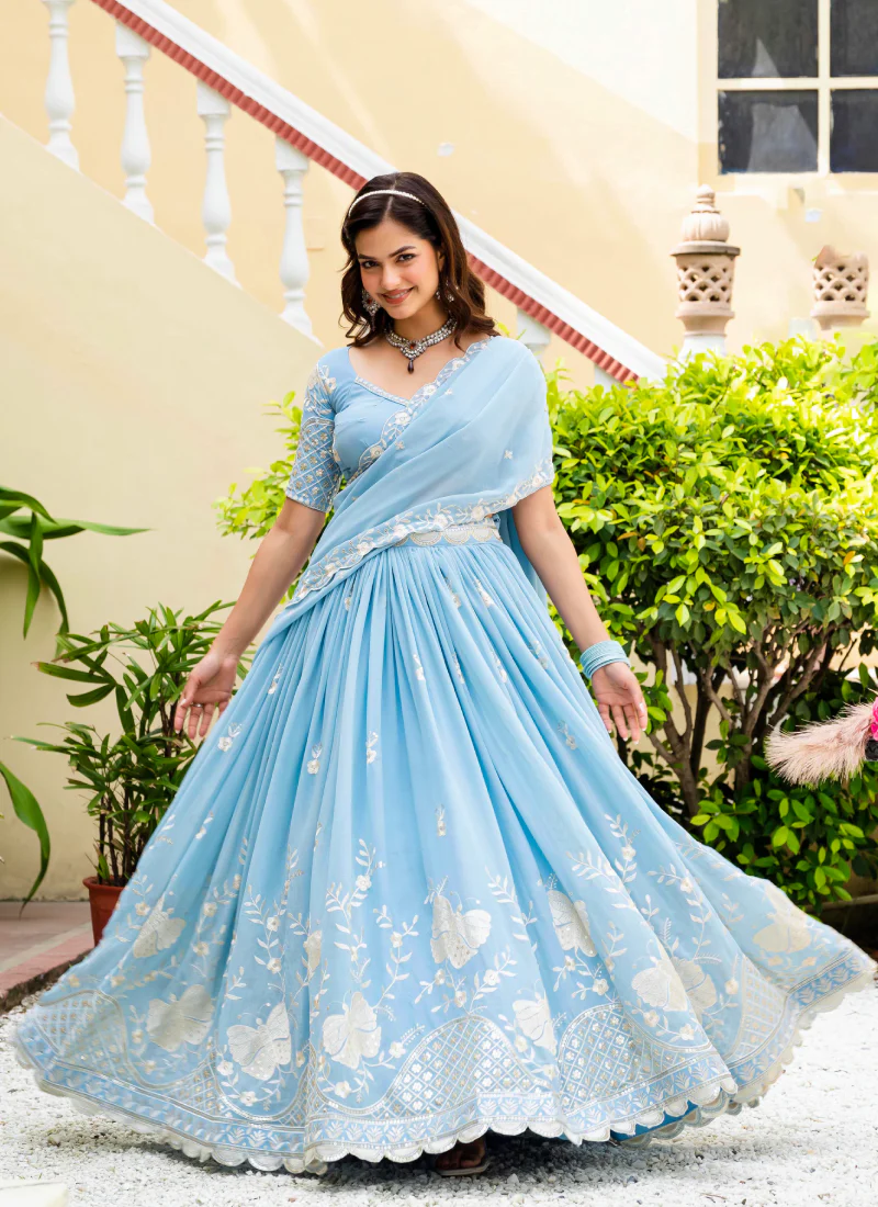 Fascinating Thread Sequence Georgette Sky Blue Lehenga Choli For Party - Image 4