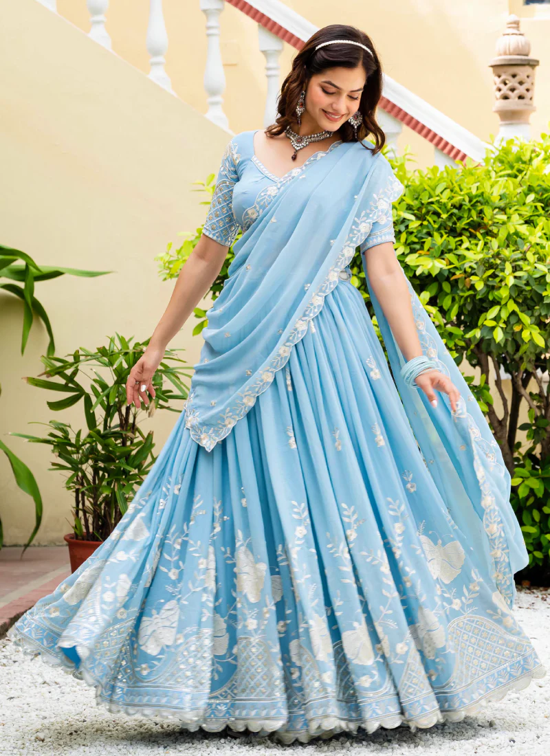Fascinating Thread Sequence Georgette Sky Blue Lehenga Choli For Party - Image 6