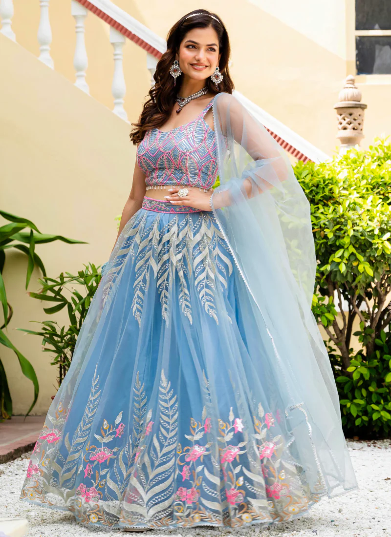 Fascinating Thread Work Sky Blue Reception Wear Net Lehenga Choli - Image 4