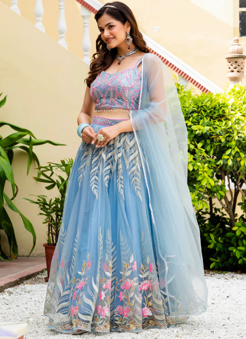 Fascinating Thread Work Sky Blue Reception Wear Net Lehenga Choli - Image 6