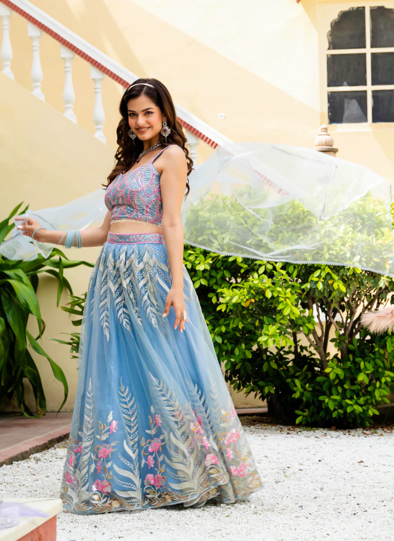 Fascinating Thread Work Sky Blue Reception Wear Net Lehenga Choli - Image 9