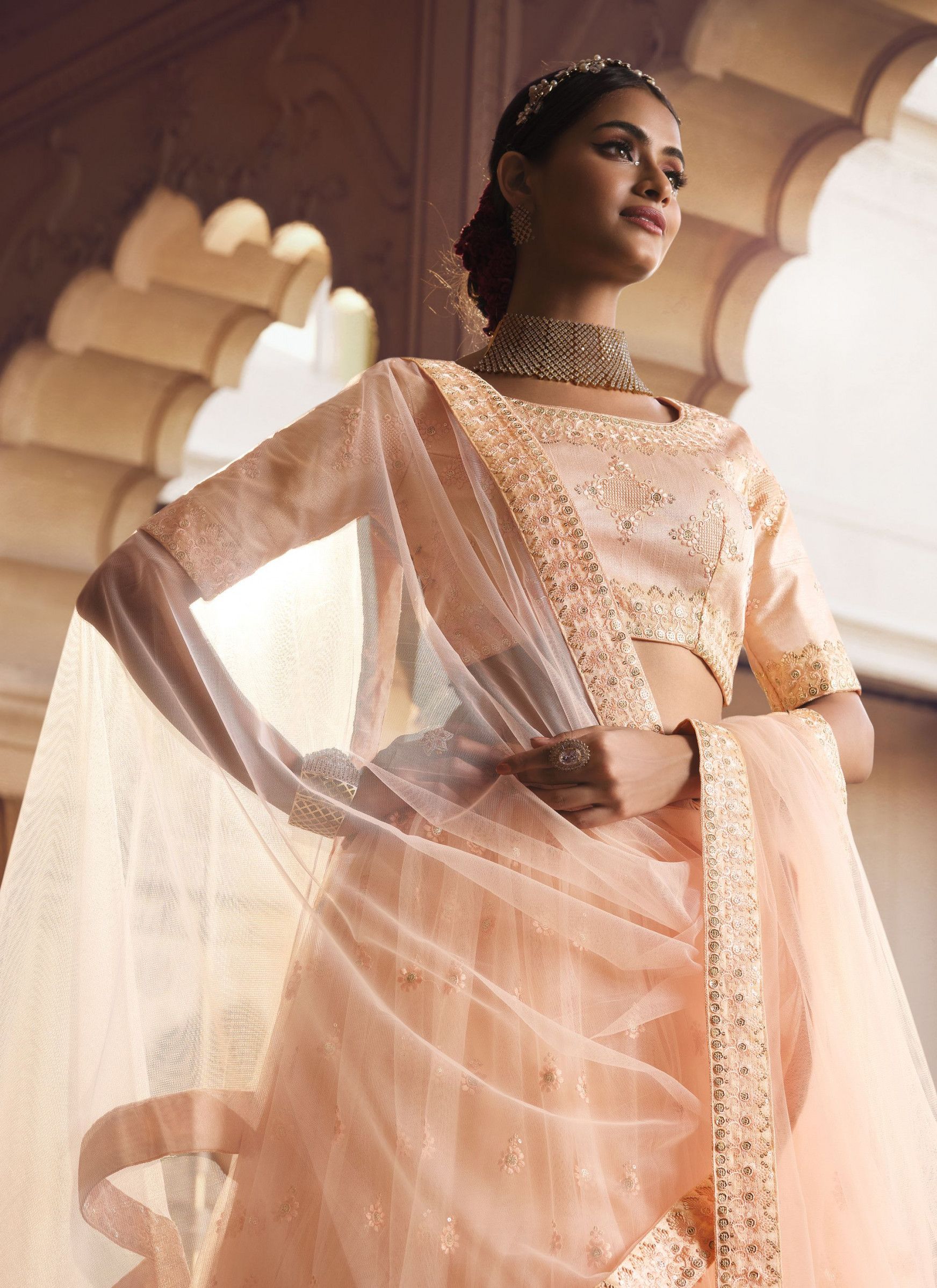 Designer Light Orange Viscose Thread Simple Net Lehenga Designs - Image 3