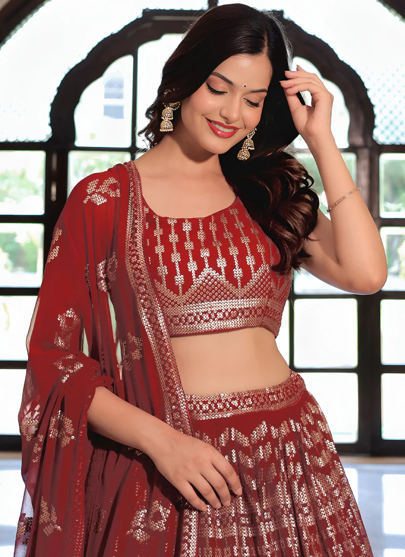 Fashionable Georgette Sequence Work Rich Looking Maroon Lehenga Choli - Image 2