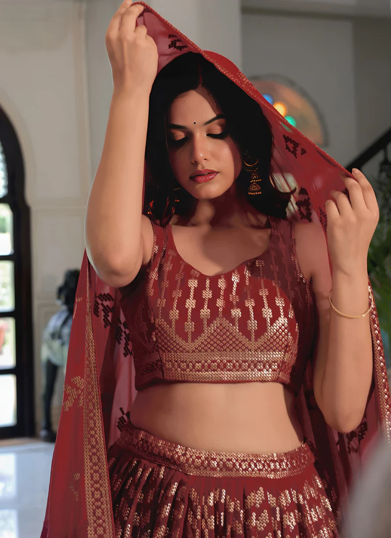 Fashionable Georgette Sequence Work Rich Looking Maroon Lehenga Choli - Image 3