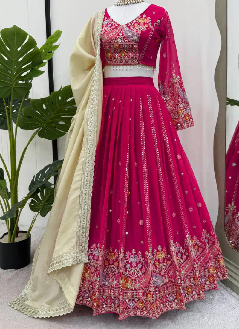 Faux Georgette Thread Embroidered Traditional Wear Red Lehenga Choli - Image 3