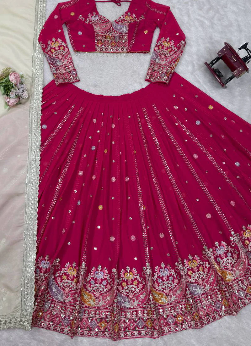 Faux Georgette Thread Embroidered Traditional Wear Red Lehenga Choli - Image 8