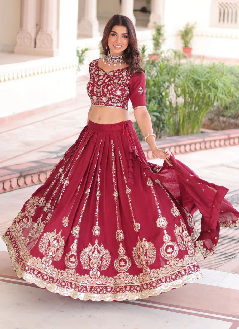 Favorable Embroidered Vichitra Silk Maroon Sangeet Wear Lehenga Choli - Image 7
