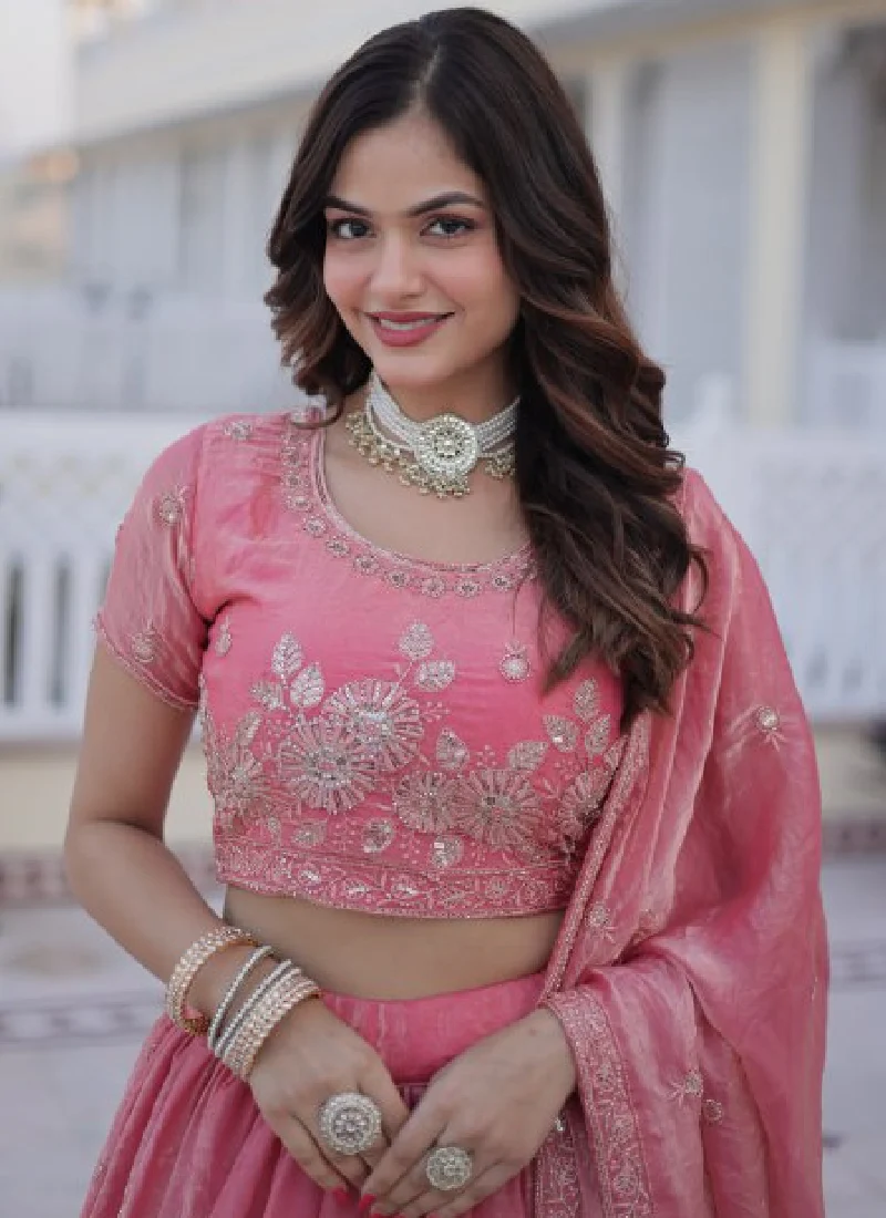 Fendi Silk Sequins Embroidered Light Pink Lehenga Choli With Dupatta - Image 3