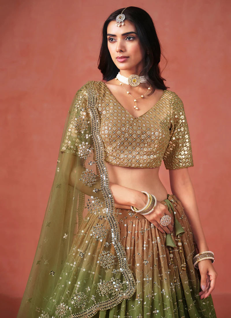 Festival Mehndi Green Sequence Embroidery Georgette Lehenga Choli - Image 2