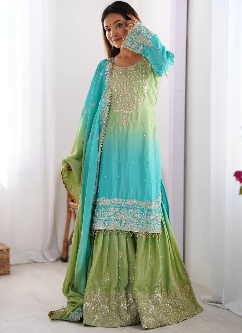 Festival Wear Chinon Silk Dori Work Sky Blue Top Bottom With Dupatta - Image 3