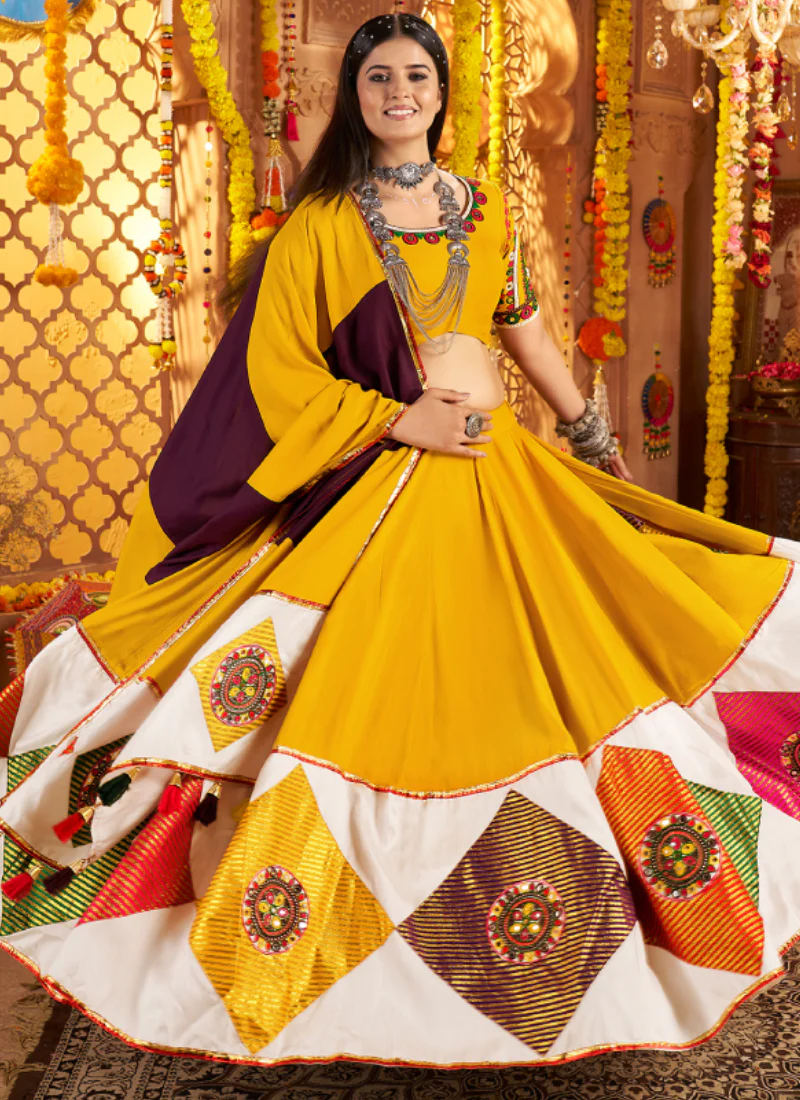 Festive Wear Ganthi Real Mirror Viscose Cotton Yellow Lehenga Choli - Image 4