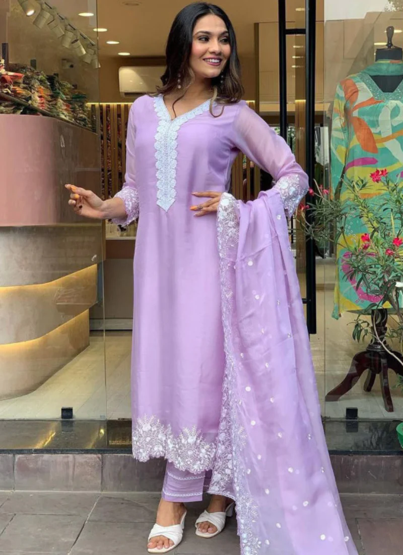 Floral Embroidered Lavender Georgette Kurti Bottom With Dupatta Set - Image 3