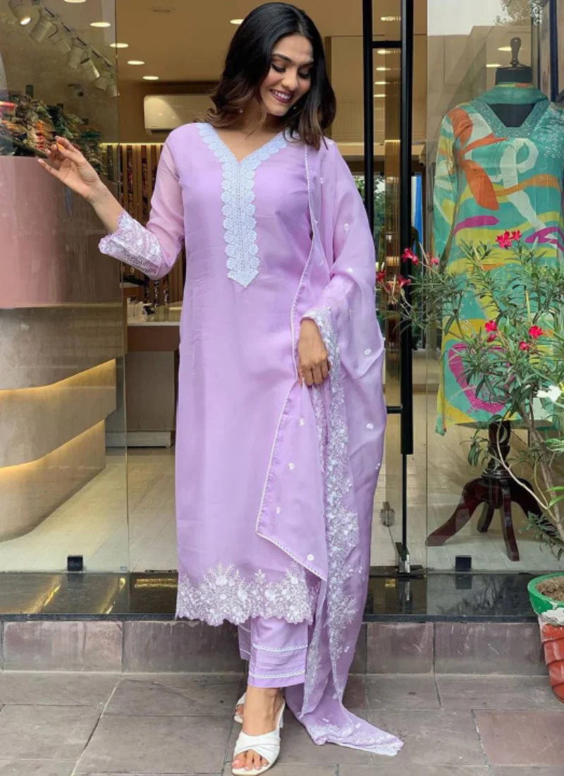 Floral Embroidered Lavender Georgette Kurti Bottom With Dupatta Set - Image 6
