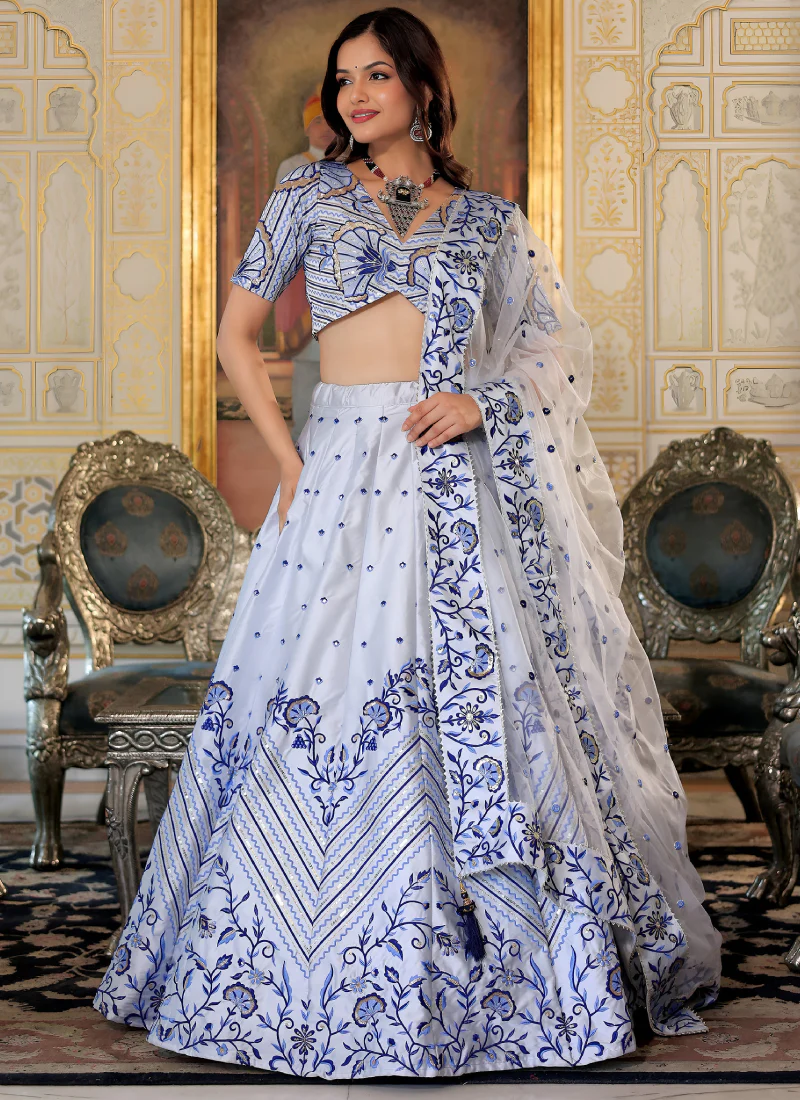 Floral Embroidered Thread Work White Satin Lehenga Choli For Party - Image 3