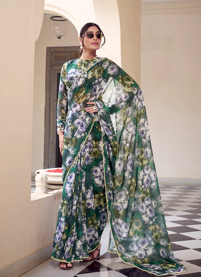 Floral Printed Georgette Mehndi Special Green Saree With Blouse - Image 4
