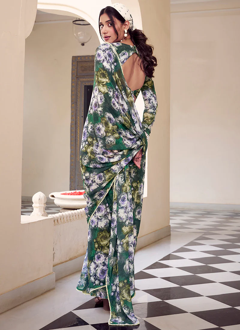 Floral Printed Georgette Mehndi Special Green Saree With Blouse - Image 5