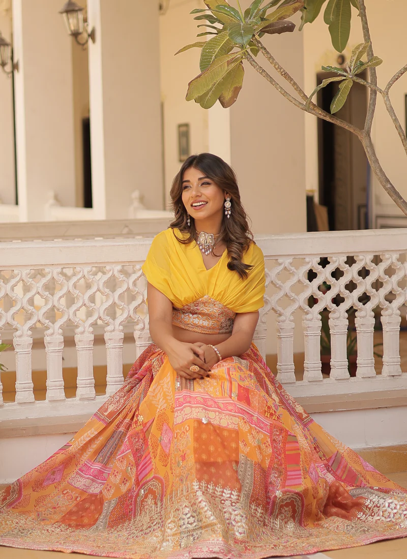 Foil Work Silk Digital Printed Haldi Special Yellow Crop Top Lehenga - Image 11