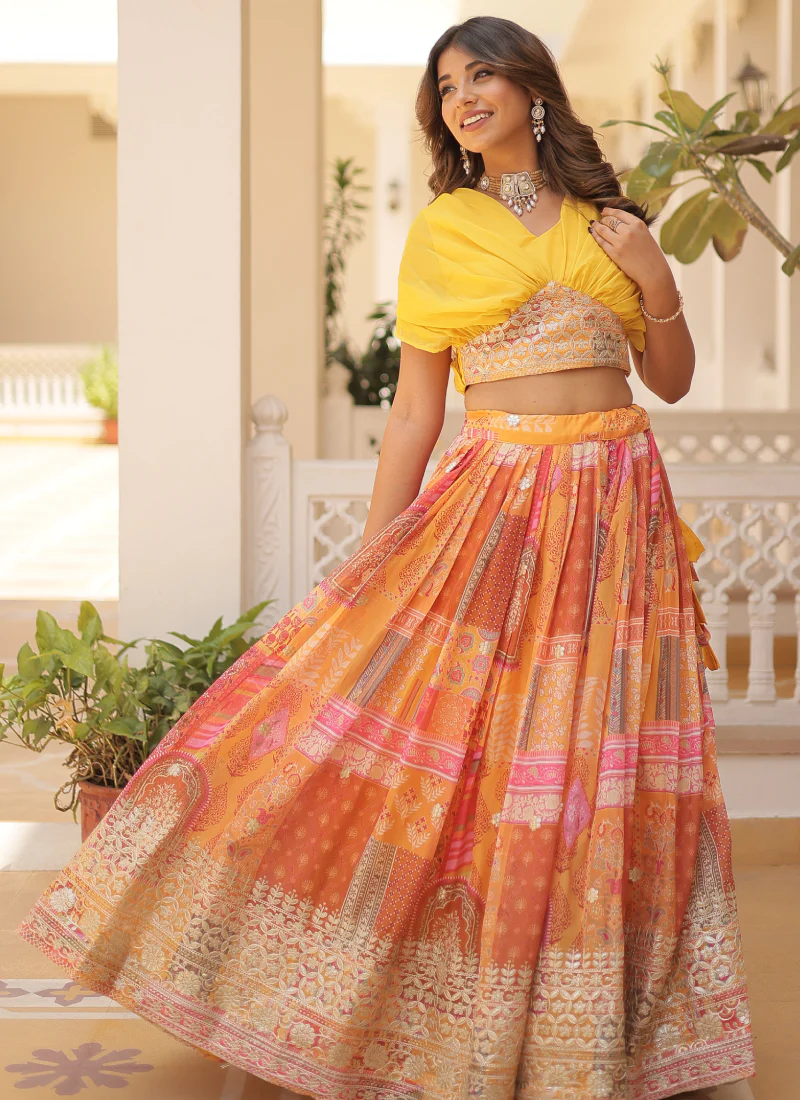 Foil Work Silk Digital Printed Haldi Special Yellow Crop Top Lehenga - Image 3