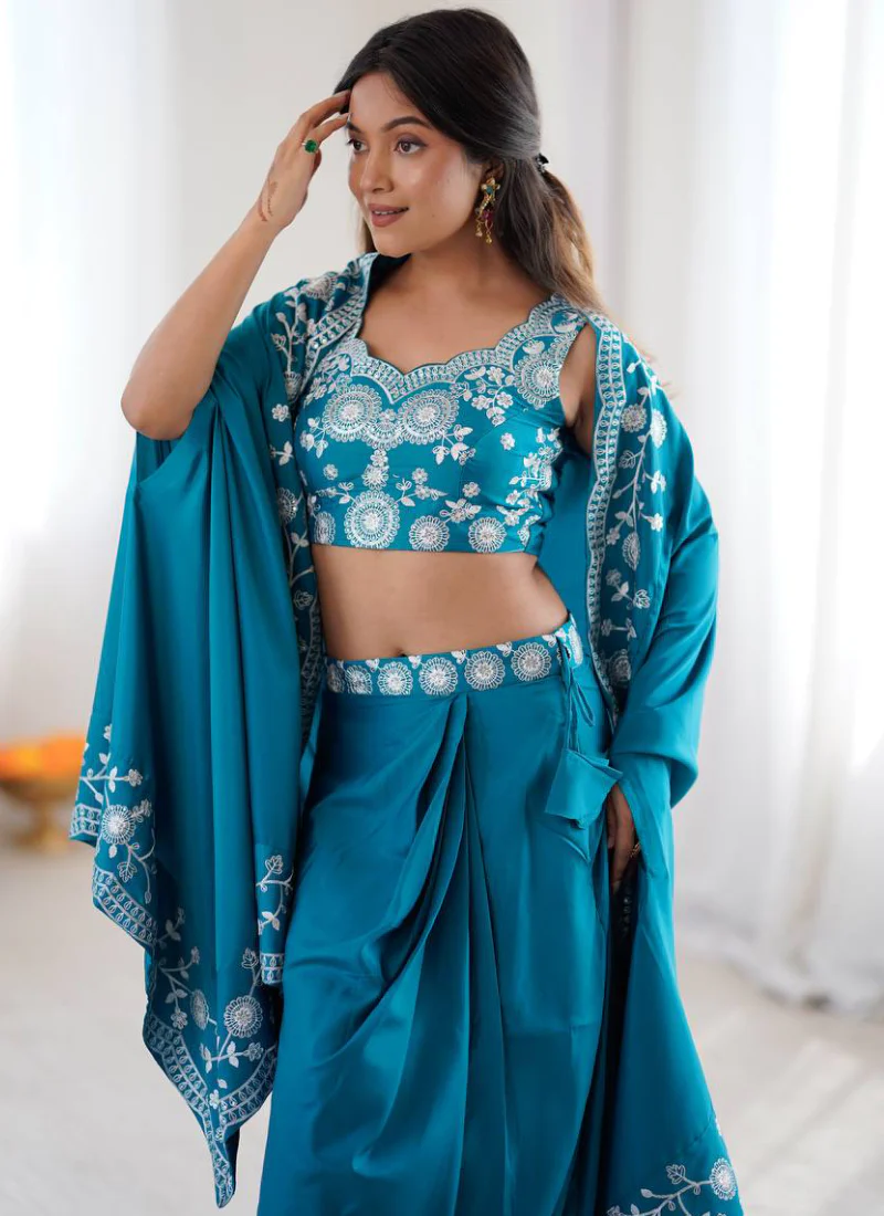 French Crepe Thread Work Indo Western Teal Blue Dhoti Choli With Shrug - Image 2