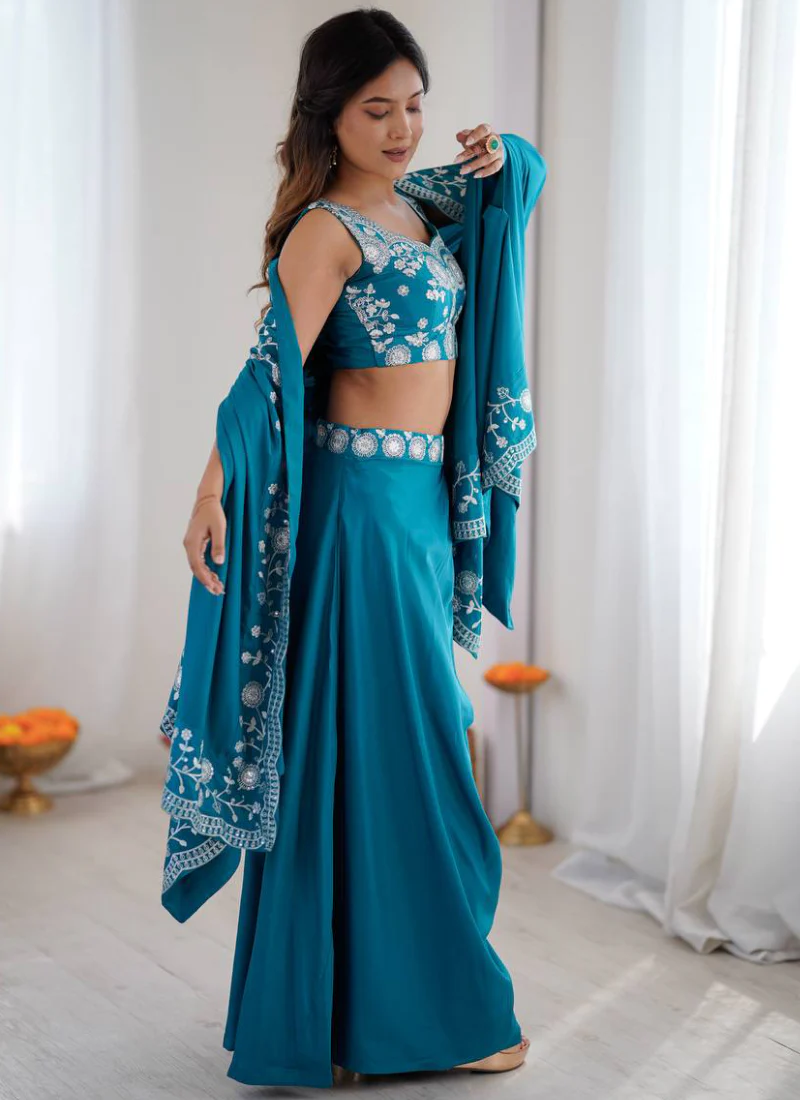 French Crepe Thread Work Indo Western Teal Blue Dhoti Choli With Shrug - Image 5