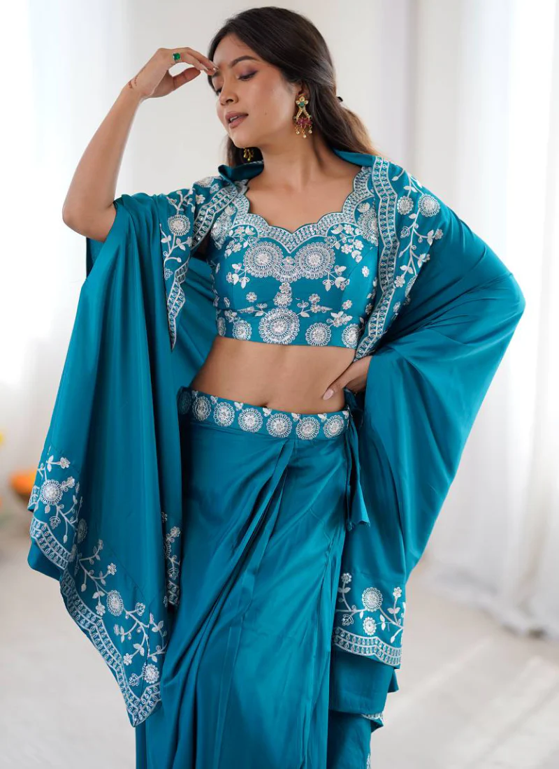 French Crepe Thread Work Indo Western Teal Blue Dhoti Choli With Shrug - Image 8