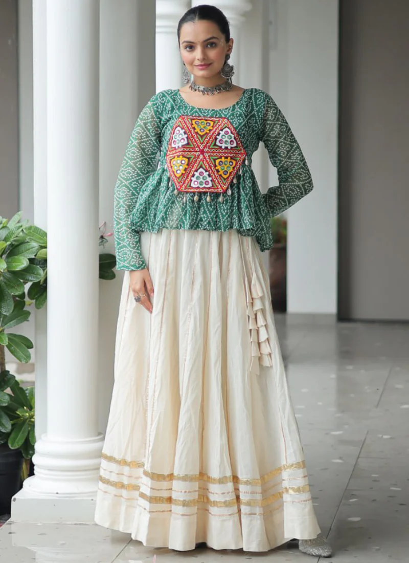 Gamthi Embroidered Peplum Choli With Gota Patti Beige Cotton Lehenga - Image 3