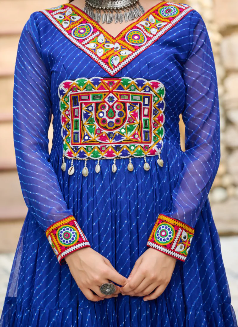Gamthi Work Laheriya Printed Georgette Royal Blue Anarkali Style Gown - Image 10