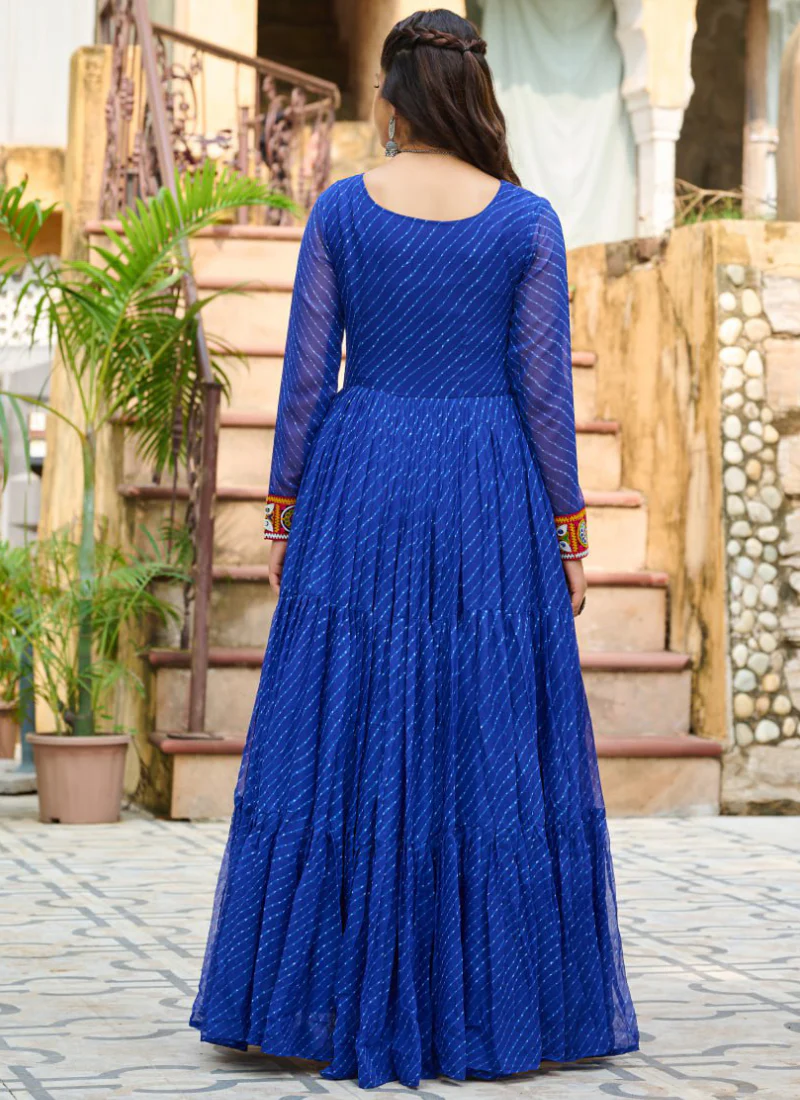 Gamthi Work Laheriya Printed Georgette Royal Blue Anarkali Style Gown - Image 11