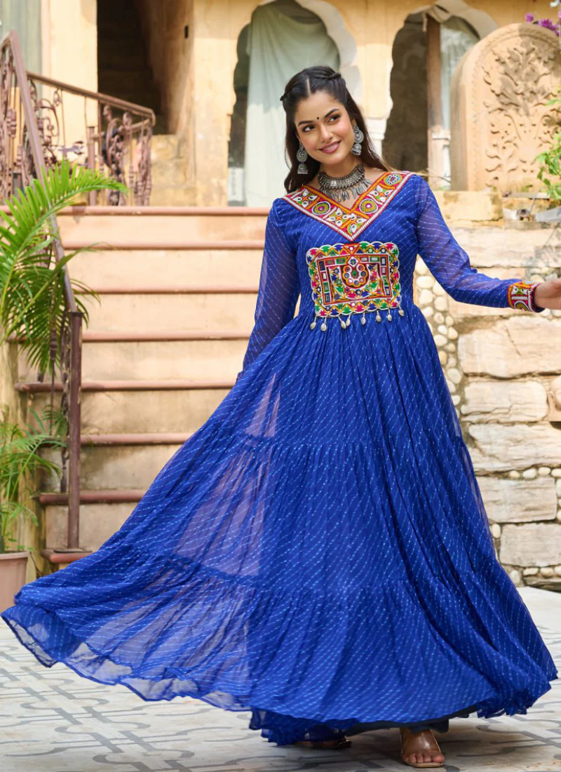 Gamthi Work Laheriya Printed Georgette Royal Blue Anarkali Style Gown - Image 4