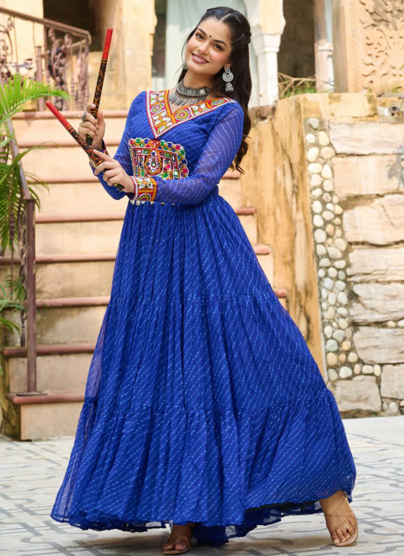 Gamthi Work Laheriya Printed Georgette Royal Blue Anarkali Style Gown - Image 5