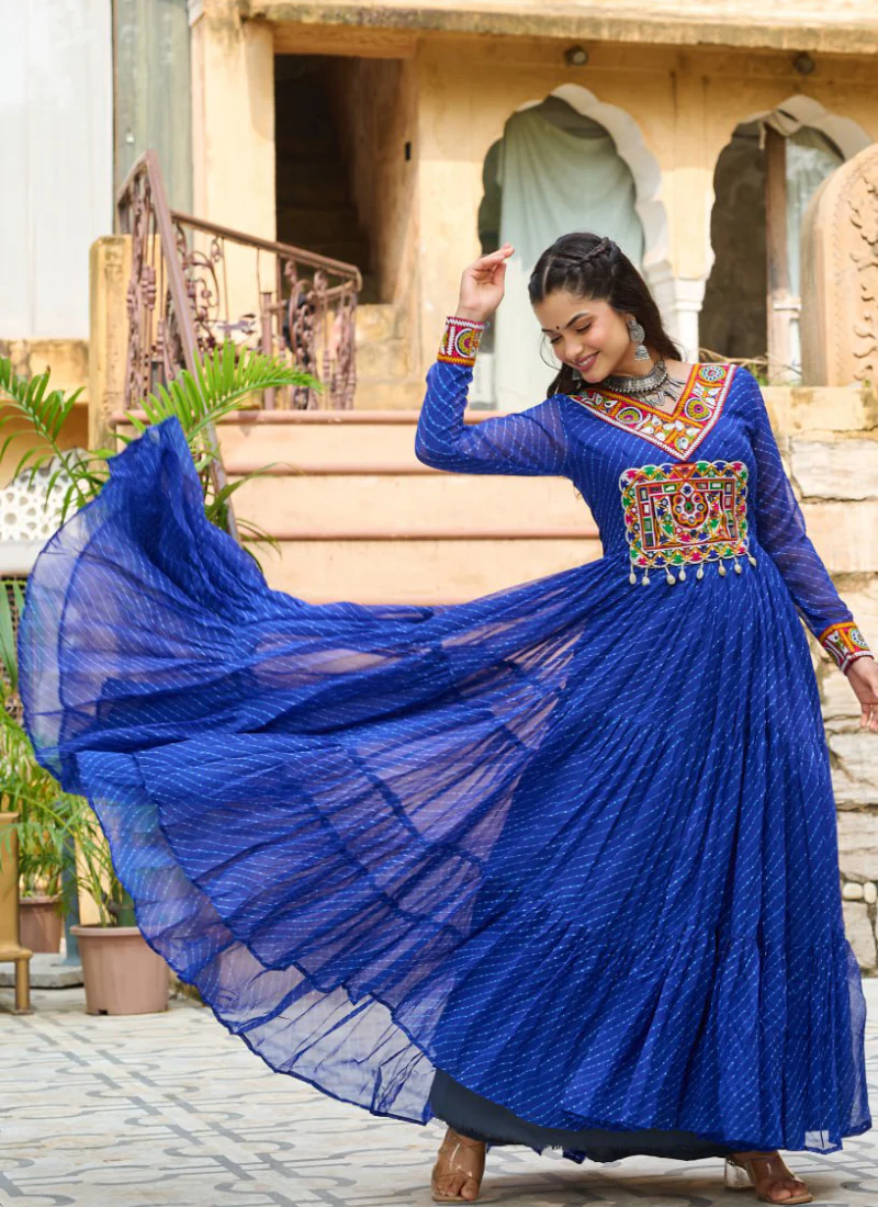 Gamthi Work Laheriya Printed Georgette Royal Blue Anarkali Style Gown - Image 7
