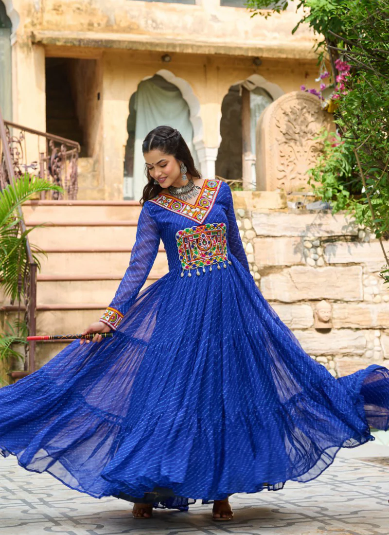 Gamthi Work Laheriya Printed Georgette Royal Blue Anarkali Style Gown - Image 8