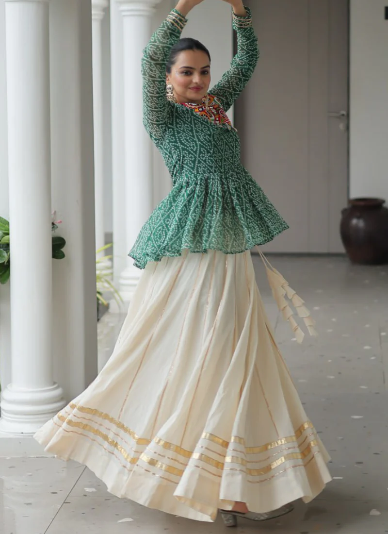 Gamthi Work Printed Green Kediya Top With Cotton Off White Lehenga - Image 12