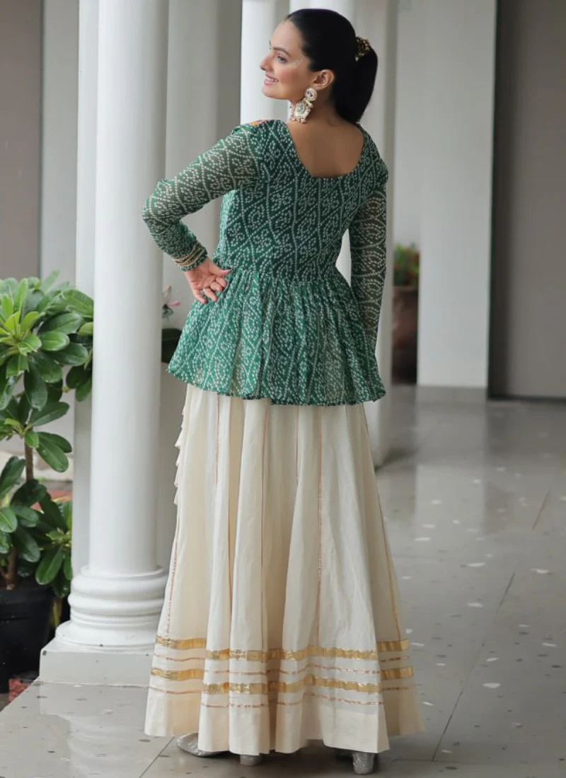Gamthi Work Printed Green Kediya Top With Cotton Off White Lehenga - Image 8