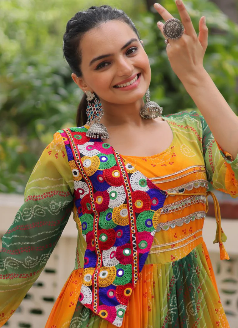 Georgette Bandhani Print Gamthi Work Multi Green Navratri Special Gown - Image 3