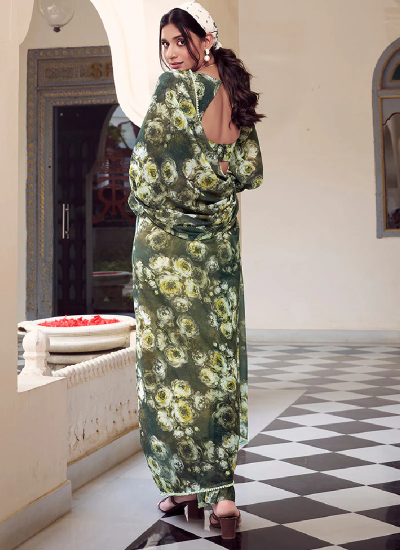 Georgette Floral Printed Green Saree With Blouse For Mehendi Ceremony - Image 5