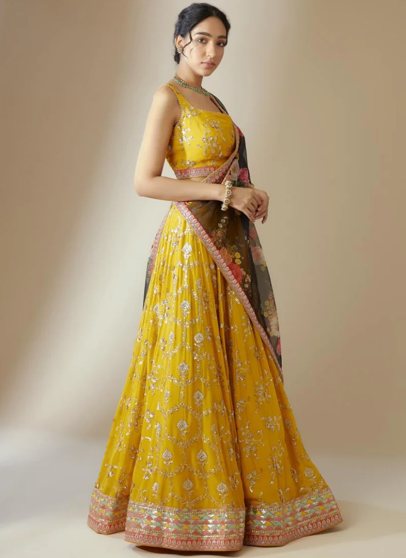 Georgette Floral Sequence Work Haldi Special Yellow Lehenga Choli - Image 4